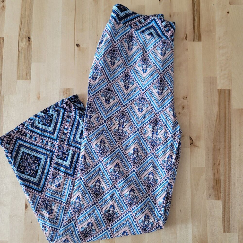 Womens Straight Leg Blue Boho Colorful Geometric Pants Lightweight Festival SZ M - Picture 2 of 6